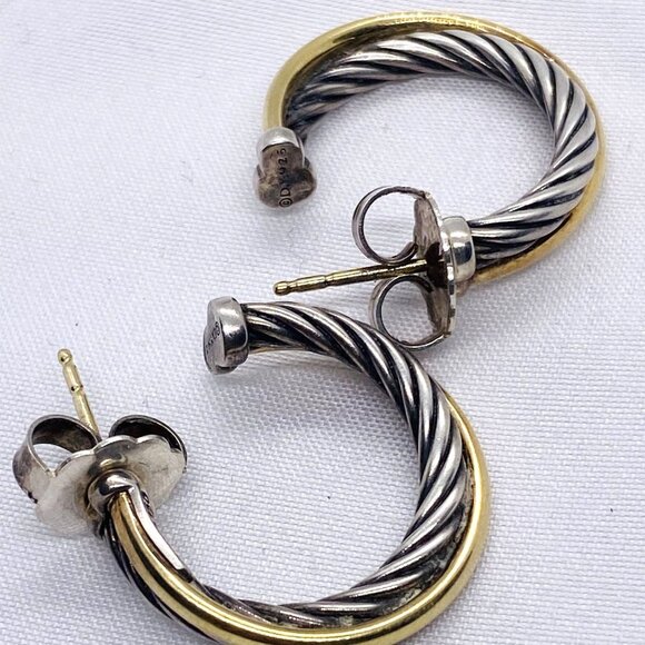 David Yurman Sterling Silver 925 18K Bonded Yellow Gold Crossover Hoops - Picture 1 of 10